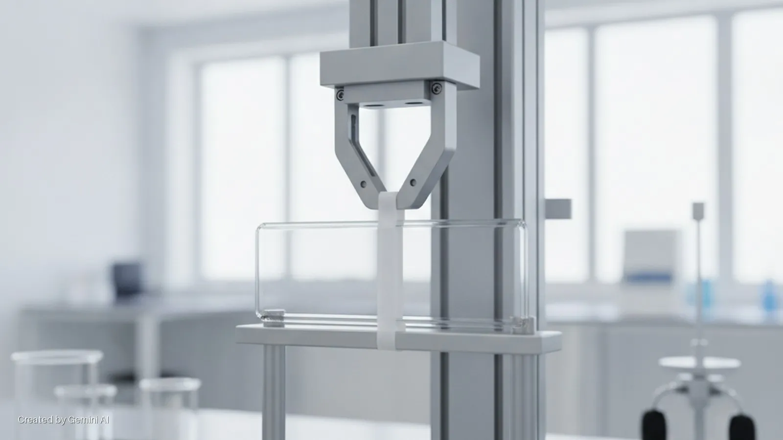 A robotic gripper holds a white strip beneath a clear rectangular container, part of a testing apparatus in a brightly lit, clean laboratory with large windows.
