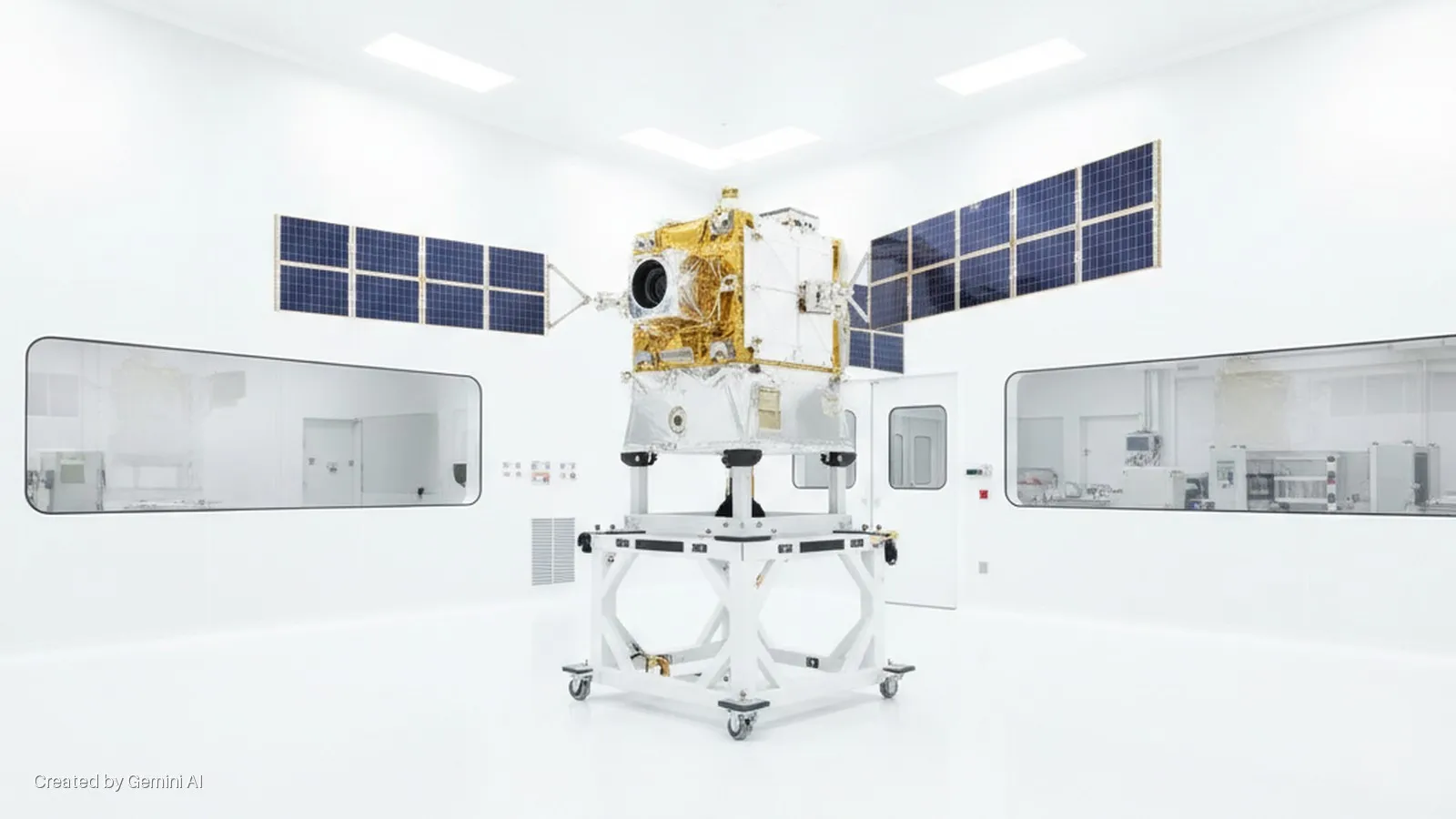 A gold and silver satellite with deployed solar panels rests on a white wheeled stand in a brightly lit cleanroom with observation windows.