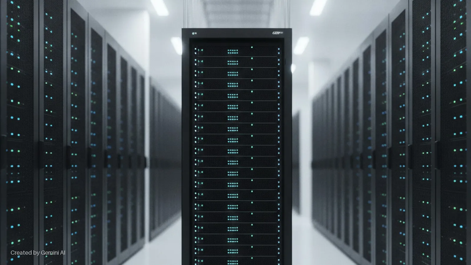 A brightly lit data center aisle features a suspended black server rack in the foreground, flanked by rows of other black server racks, all displaying numerous blue and green indicator lights.
