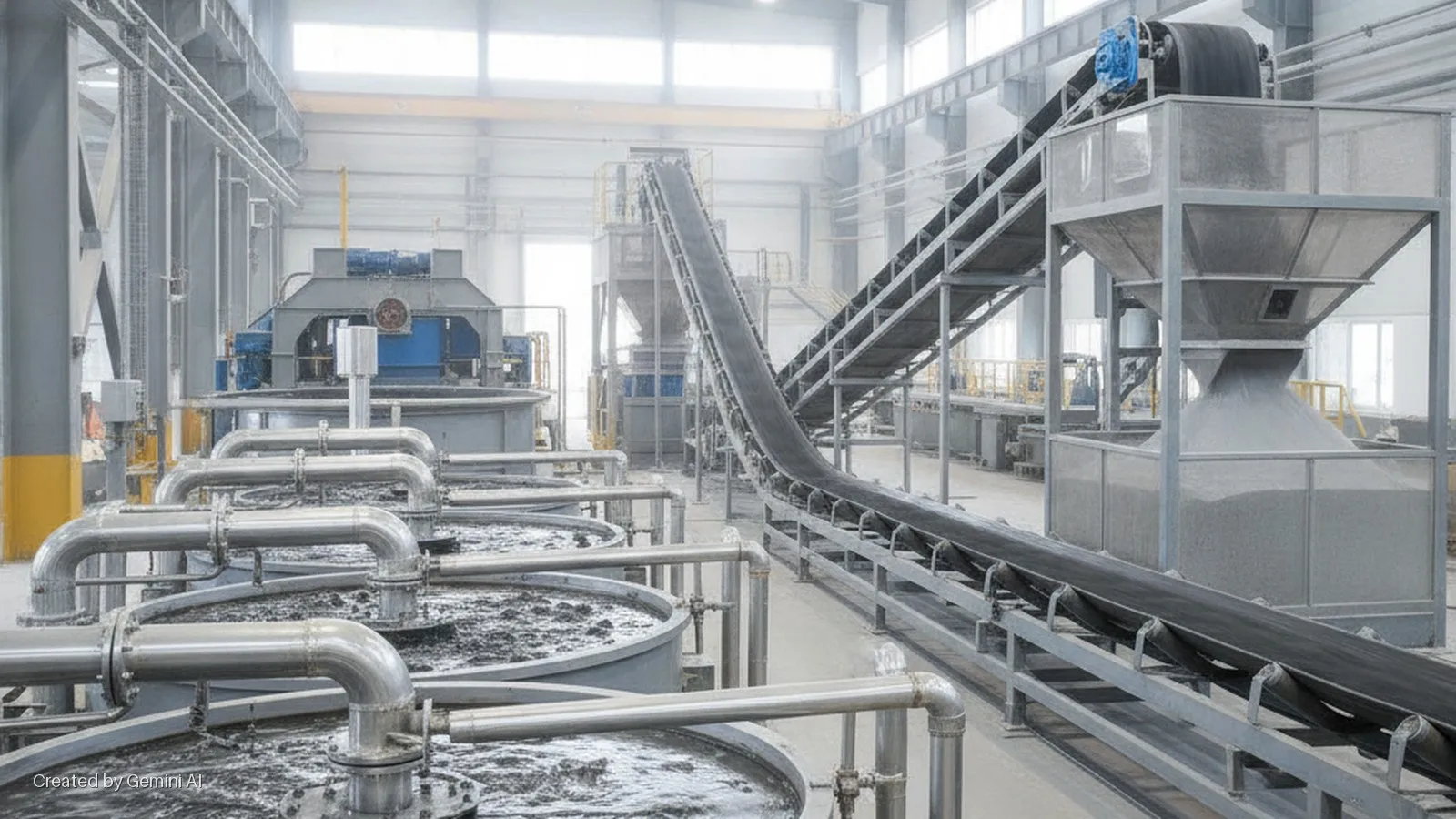 A brightly lit industrial processing plant features multiple conveyor belts, large tanks of dark liquid, stainless steel pipes, and hoppers containing granular material.