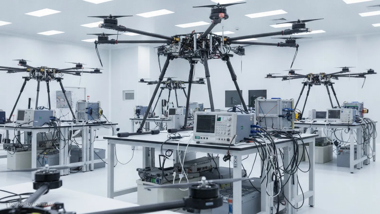 Several large multi-rotor drones are positioned on tables with extensive laboratory equipment and wiring in a brightly lit, clean testing facility.