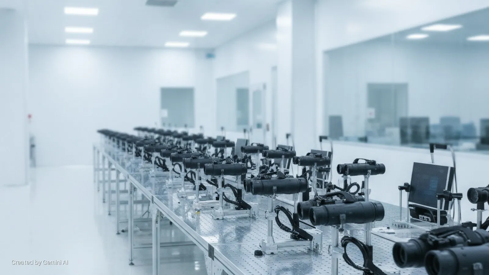 Multiple rows of black optical devices are mounted on metal stands on perforated metallic tables in a brightly lit, white cleanroom.