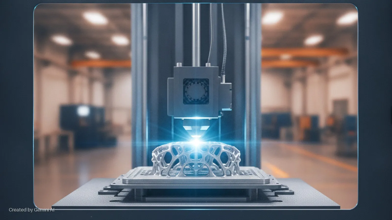 A 3D printer's print head emits a bright blue light as it creates a metallic lattice structure on a build plate, set against a blurred factory background.