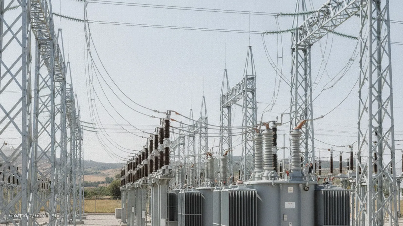 An outdoor electrical substation features rows of large grey transformers and tall metal transmission towers interconnected by power lines against a bright daylight sky, with distant hills visible.