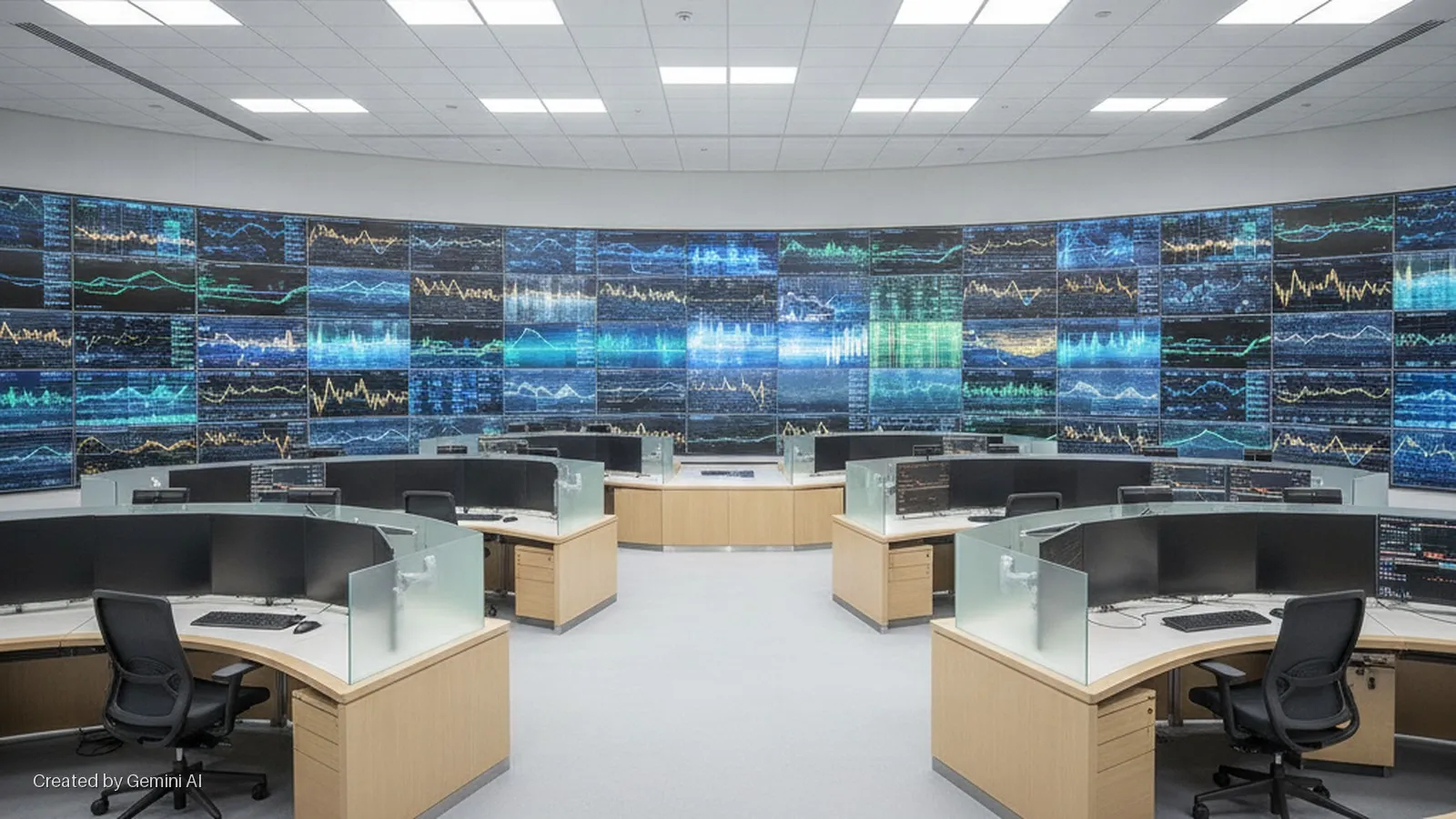 A brightly lit modern control room features a large, curved display wall showing numerous data charts, surrounded by multiple curved workstations, each with several monitors, keyboards, mice, black office chairs, and light wood desks with f