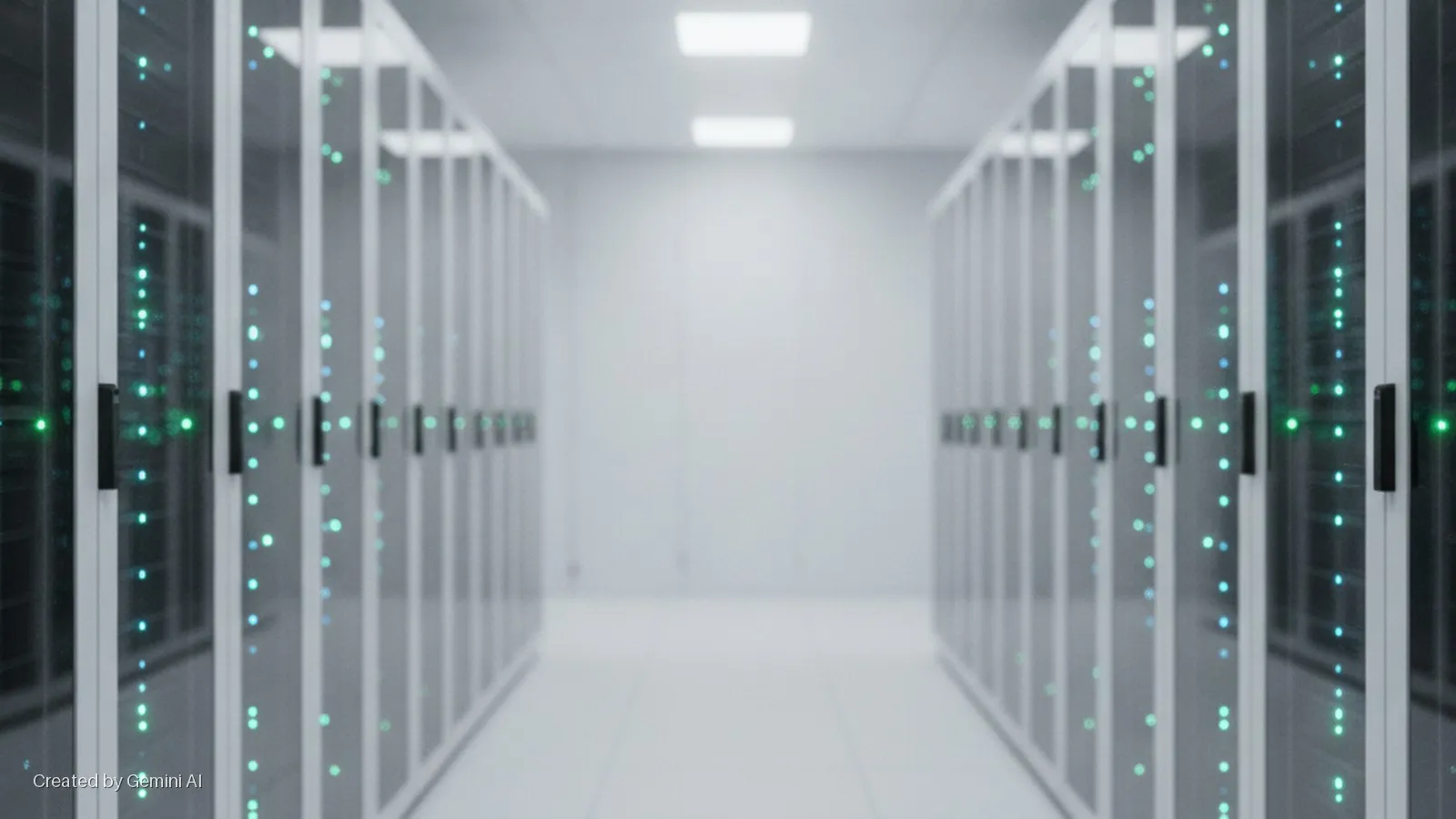 A brightly lit data center aisle extends between two rows of server racks displaying glowing green and blue status lights visible through their panels.