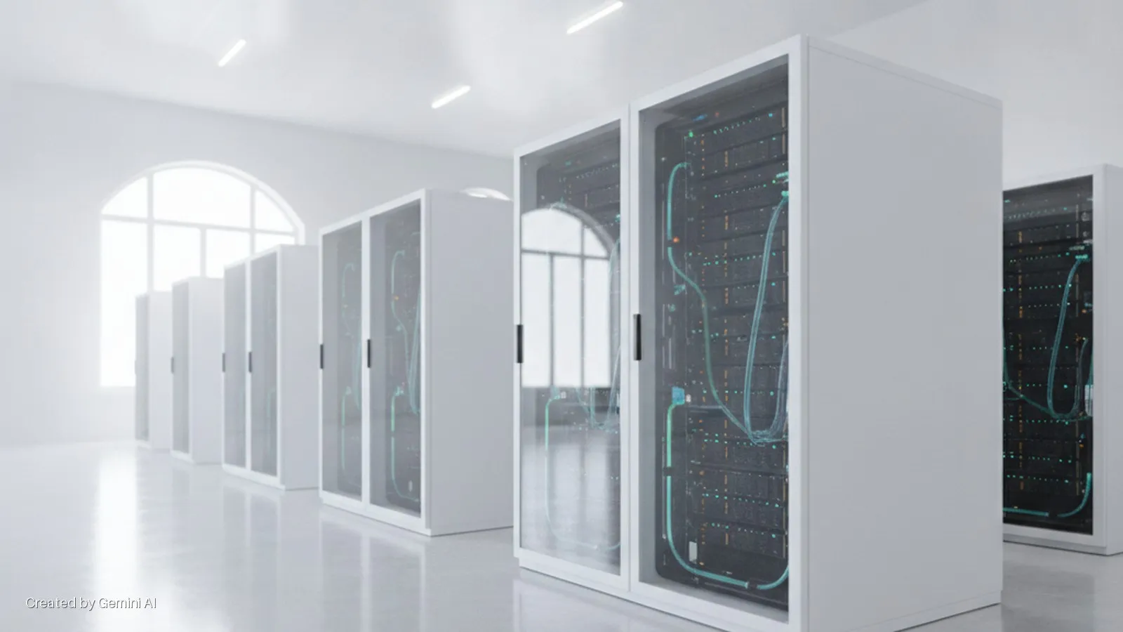 White server cabinets with glass doors displaying networked equipment and glowing teal cables line a bright server room, illuminated by overhead lights and natural light from a large arched window.