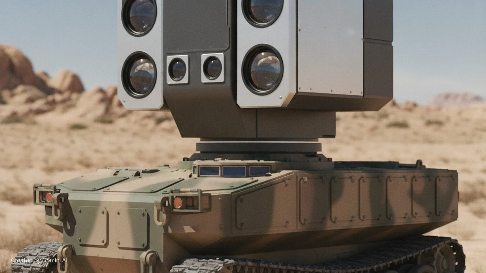 A camouflaged tracked military robot with a multi-lens sensor turret stands in a brightly lit desert landscape with distant rocky formations.