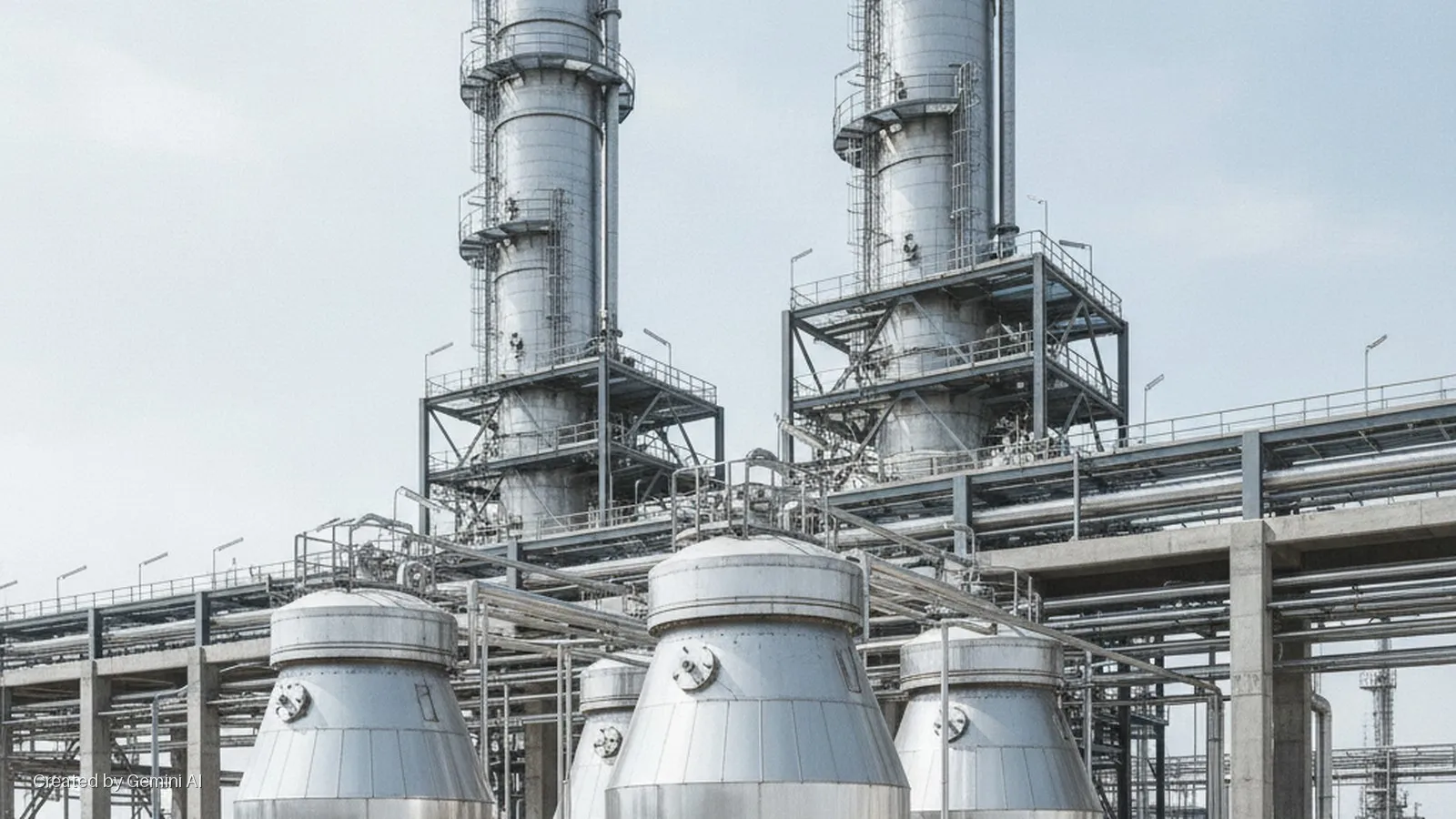 Tall silver industrial towers and large conical tanks interconnected by extensive piping stand under an overcast sky at a processing plant.