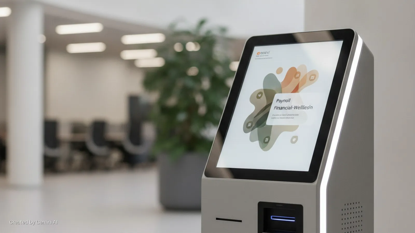 A modern self-service kiosk with an illuminated touchscreen displaying "Payroll" and "Financial-Wellness" stands in a bright, blurred office interior with a plant and chairs.