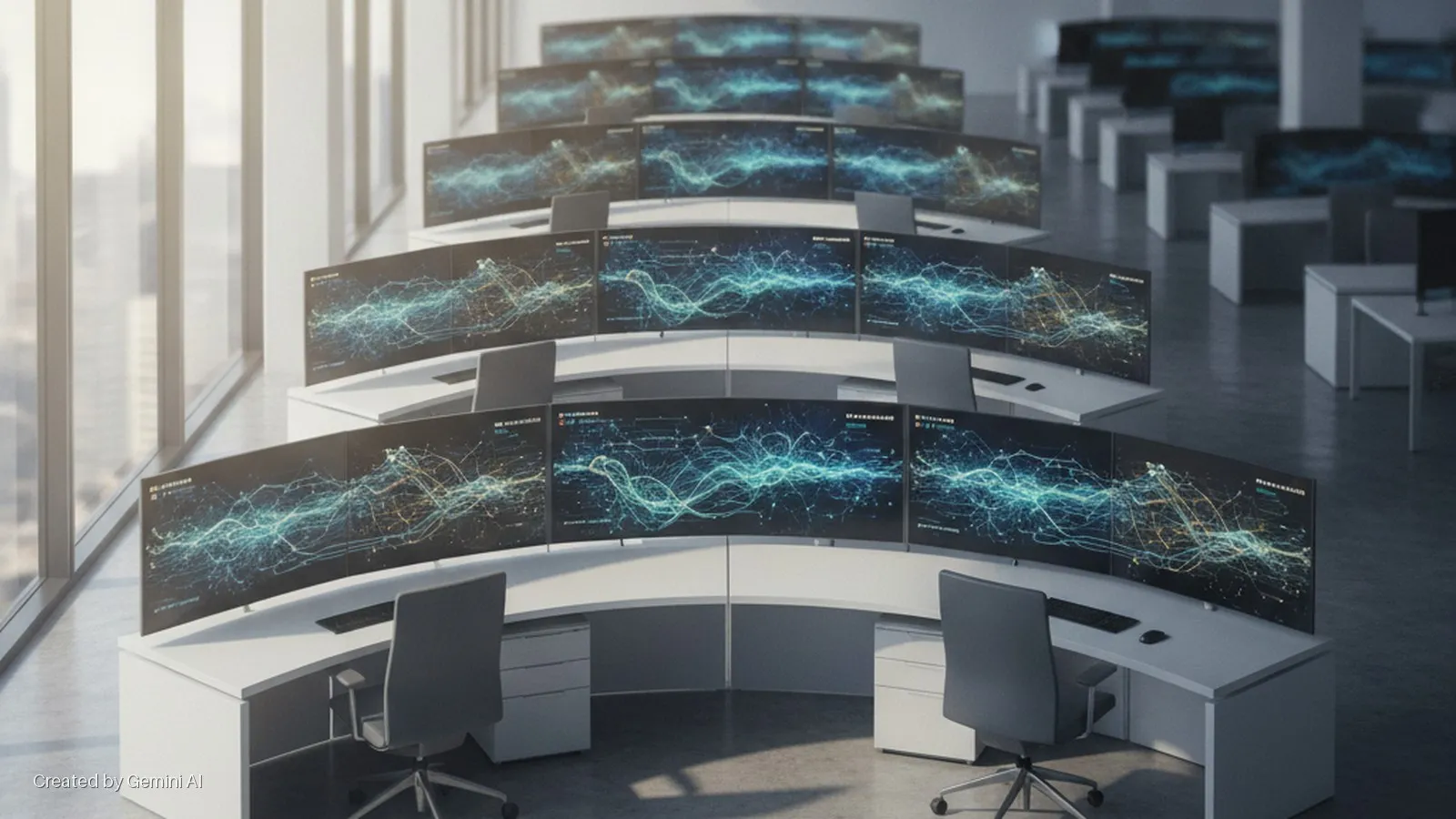 A modern control room features multiple rows of white desks with ergonomic chairs and curved multi-monitor setups displaying abstract data, brightly lit by large windows on the left.