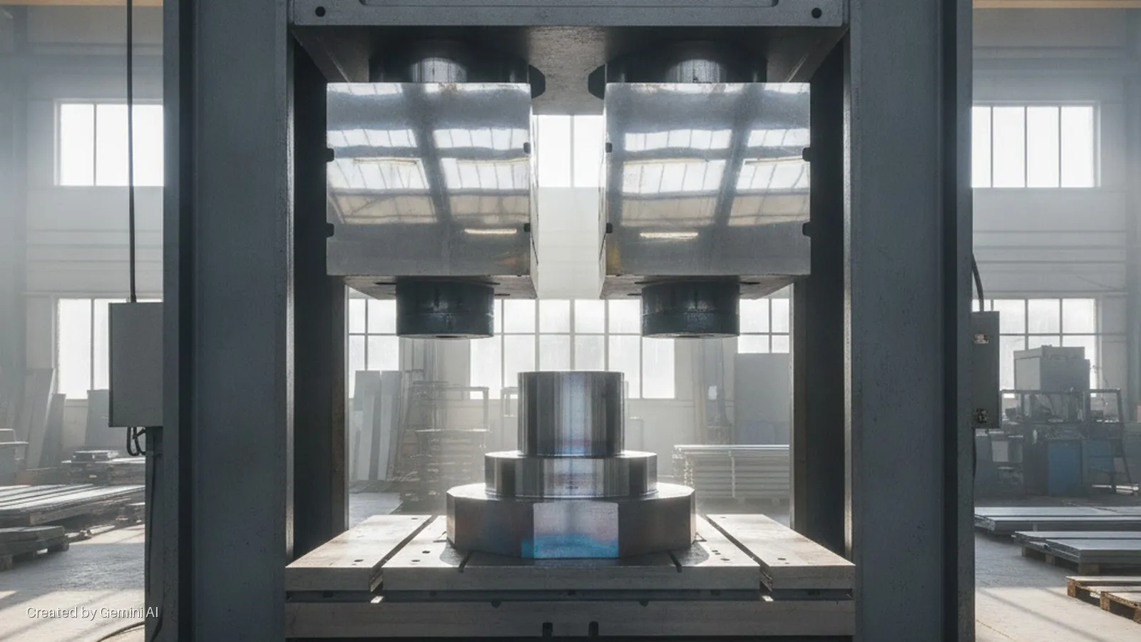 An industrial hydraulic press with a multi-tiered metal cylinder on its bed stands in a brightly lit factory workshop, surrounded by stacks of metal sheets and pallets.