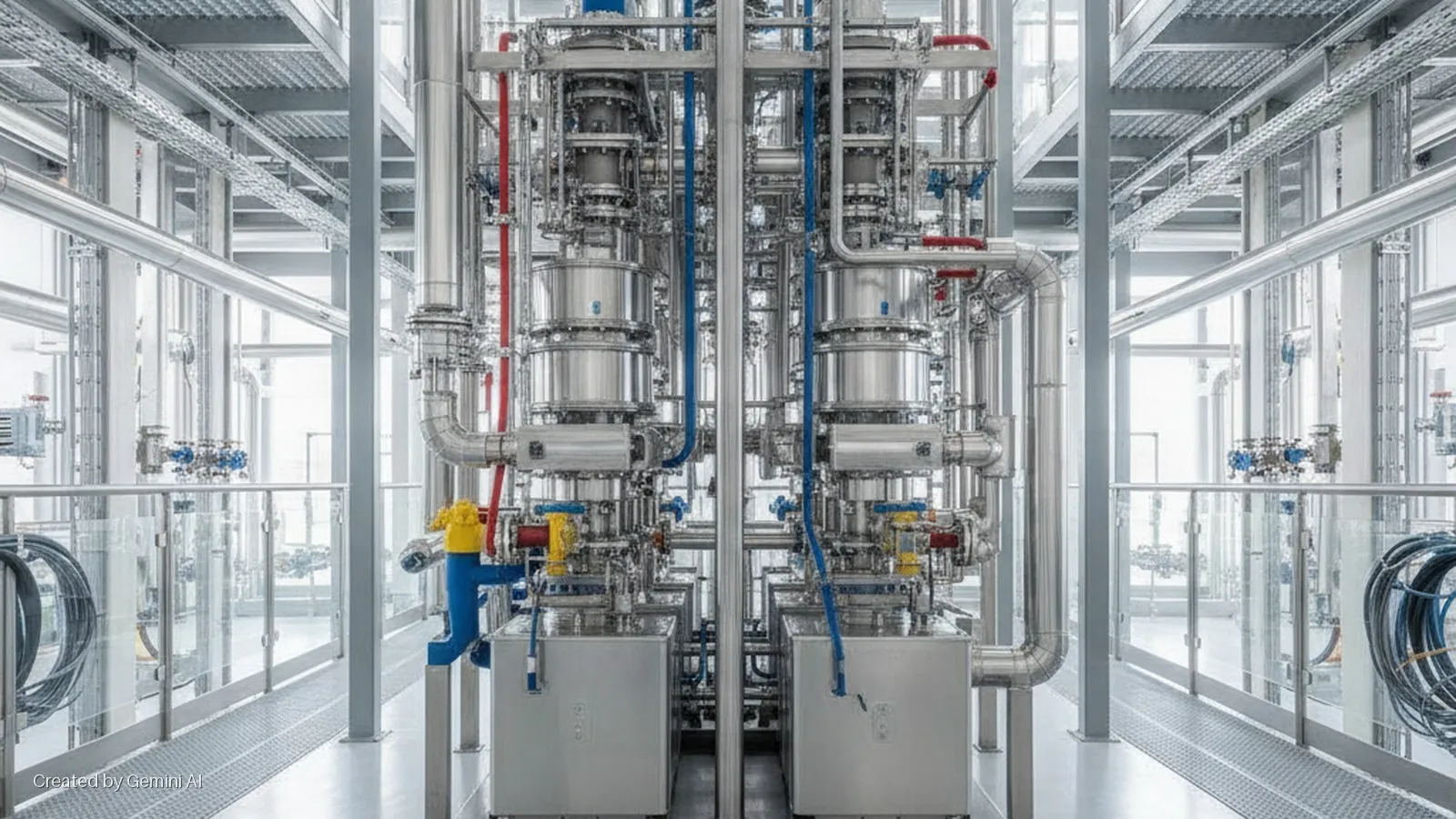 A brightly lit, modern industrial facility showcases complex stainless steel processing machinery with red and blue pipes, flanked by metal catwalks and large windows.