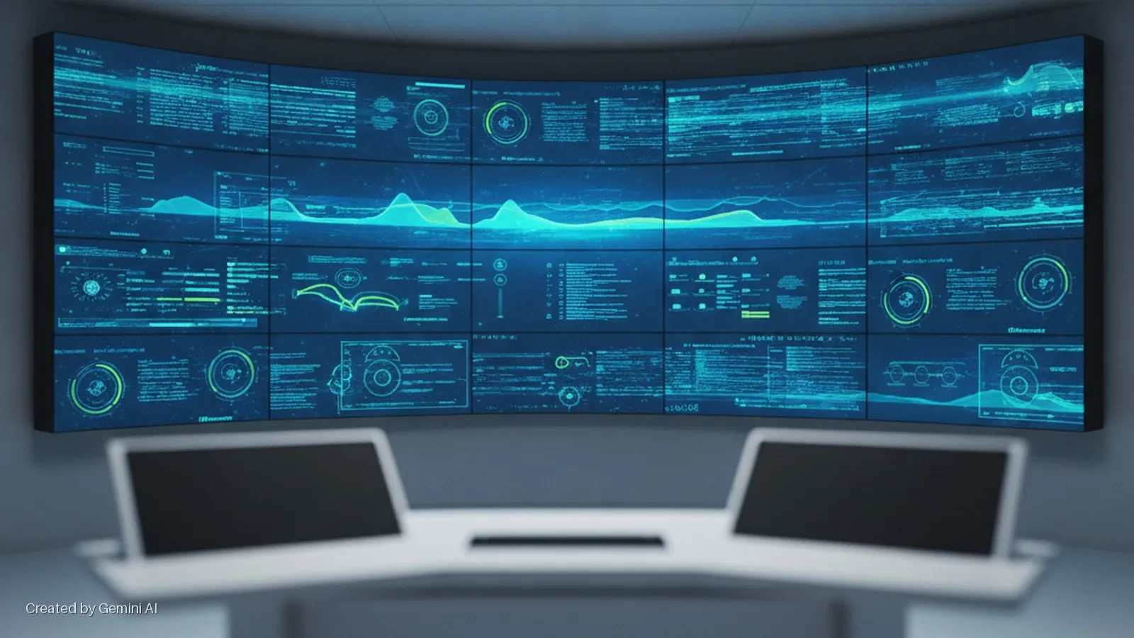 A large curved video wall, composed of multiple screens displaying blue and green data and graphs, illuminates a control room, with two blurry laptops visible on a white desk in the foreground.
