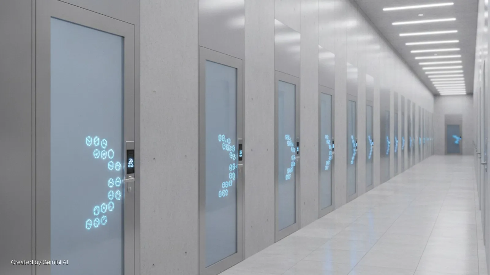 A long, brightly lit modern corridor with concrete walls, a light tiled floor, and a white ceiling of strip lights, featuring numerous doors with glowing blue digital patterns on their glass panels.
