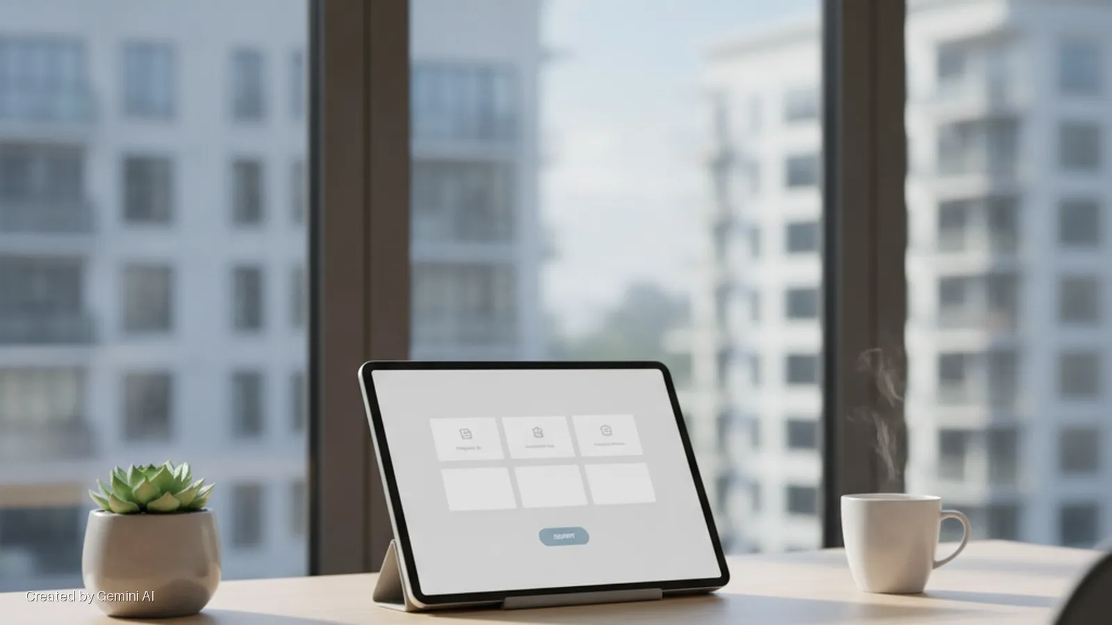 A succulent plant, a tablet displaying a user interface, and a steaming white coffee mug sit on a wooden desk in front of a window overlooking blurred white buildings under bright natural light.
