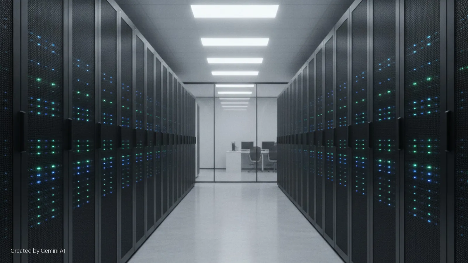 A long corridor in a data center is lined with dark server racks displaying glowing blue and green indicator lights, leading to a glass-partitioned office space with desks and computers, brightly lit by overhead ceiling panels.