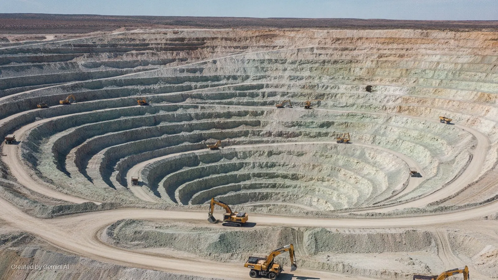 A vast open-pit mine features multiple excavators and dump trucks operating on terraced roads under bright daylight.