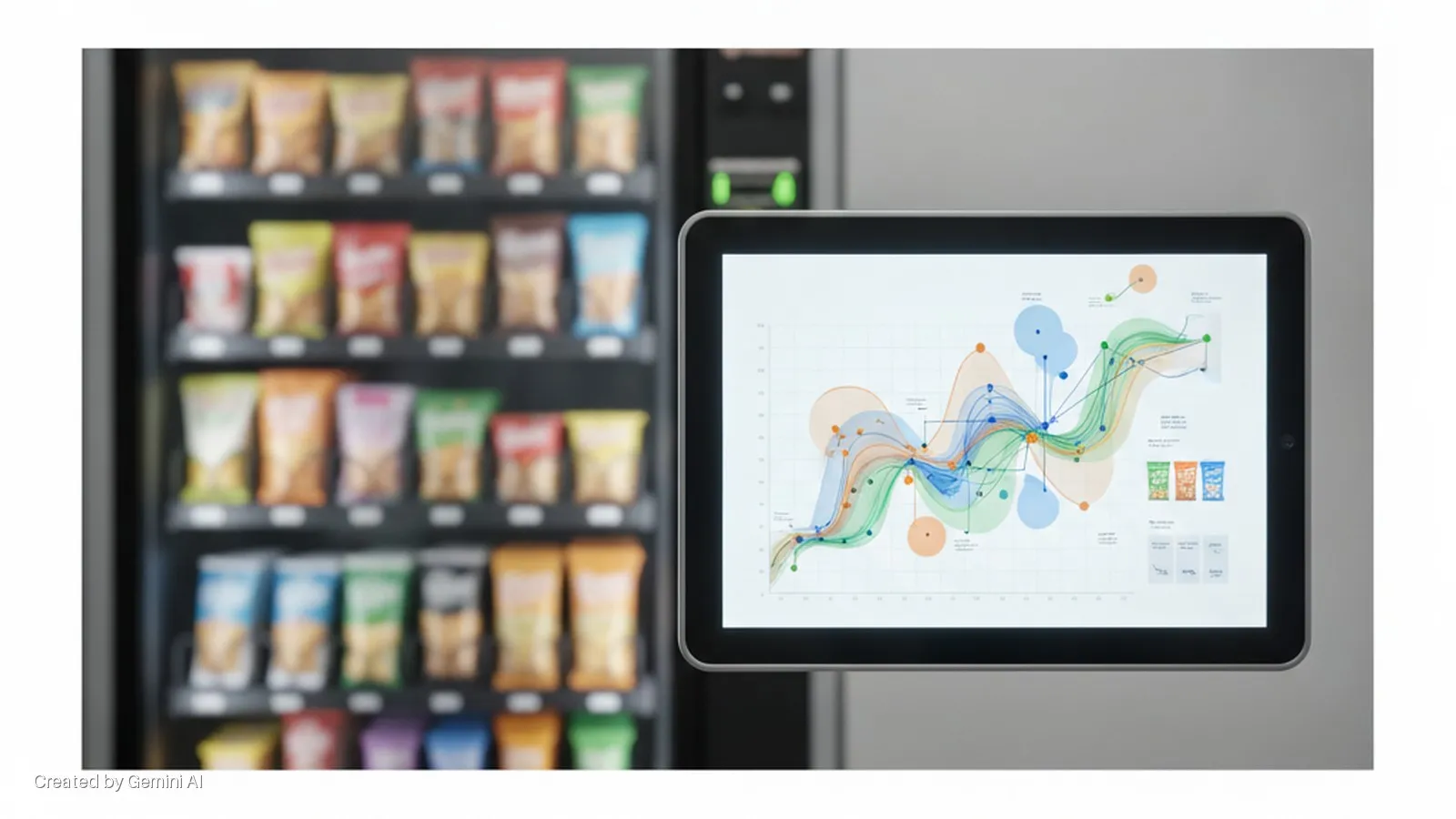A well-lit digital tablet displays a colorful data graph and small snack bag icons next to a vending machine stocked with numerous snack bags.