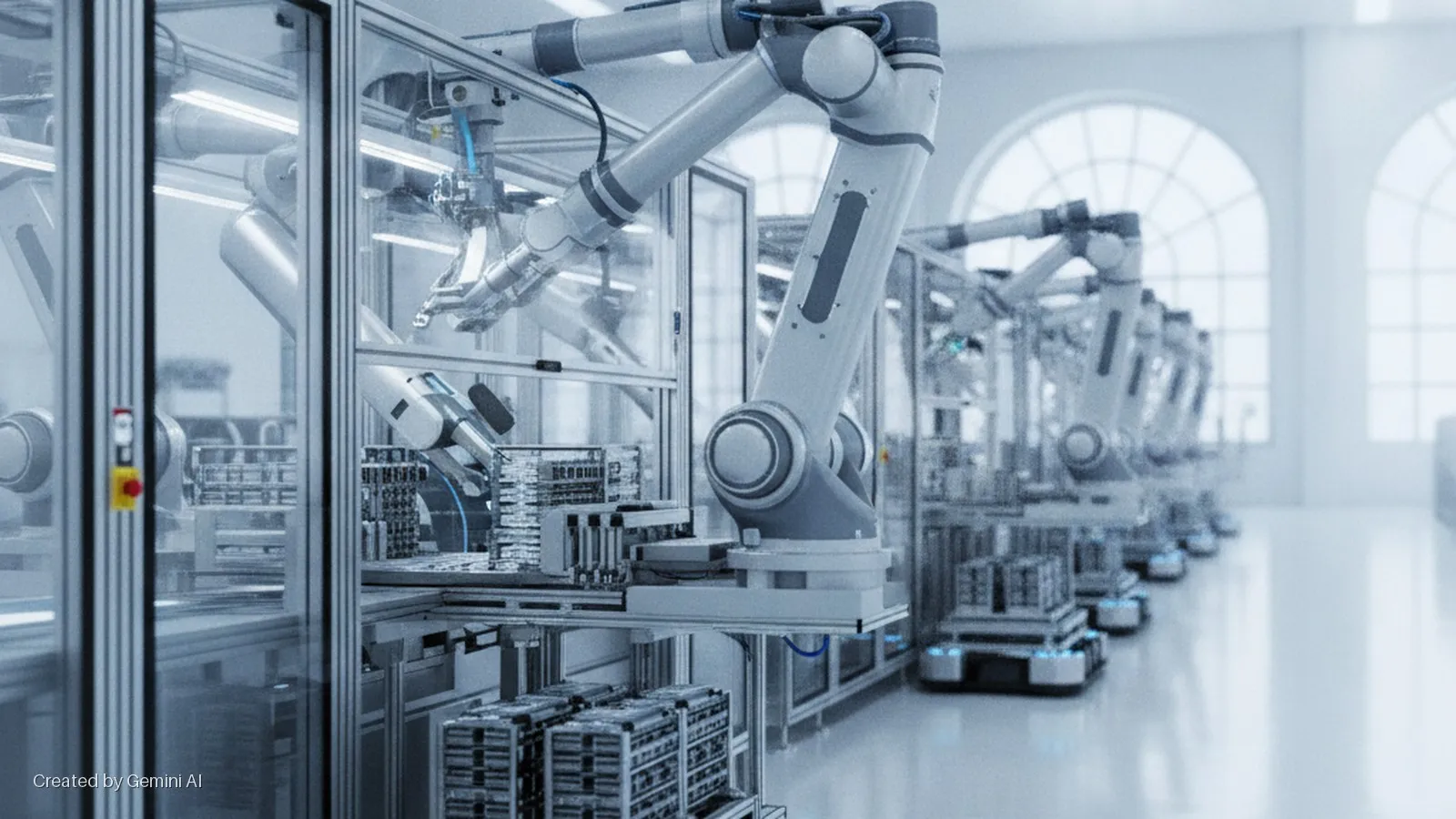 Brightly lit automated factory featuring multiple robotic arms working within glass cells, with AGVs on the floor and a row of arched windows in the background.