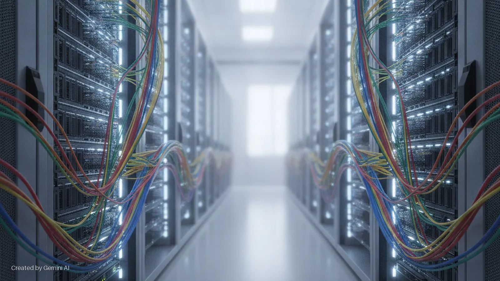 A brightly lit data center aisle features rows of server racks with glowing blue indicator lights, intertwined with numerous colorful red, blue, green, and yellow network cables in the foreground, receding into a hazy, bright background wit