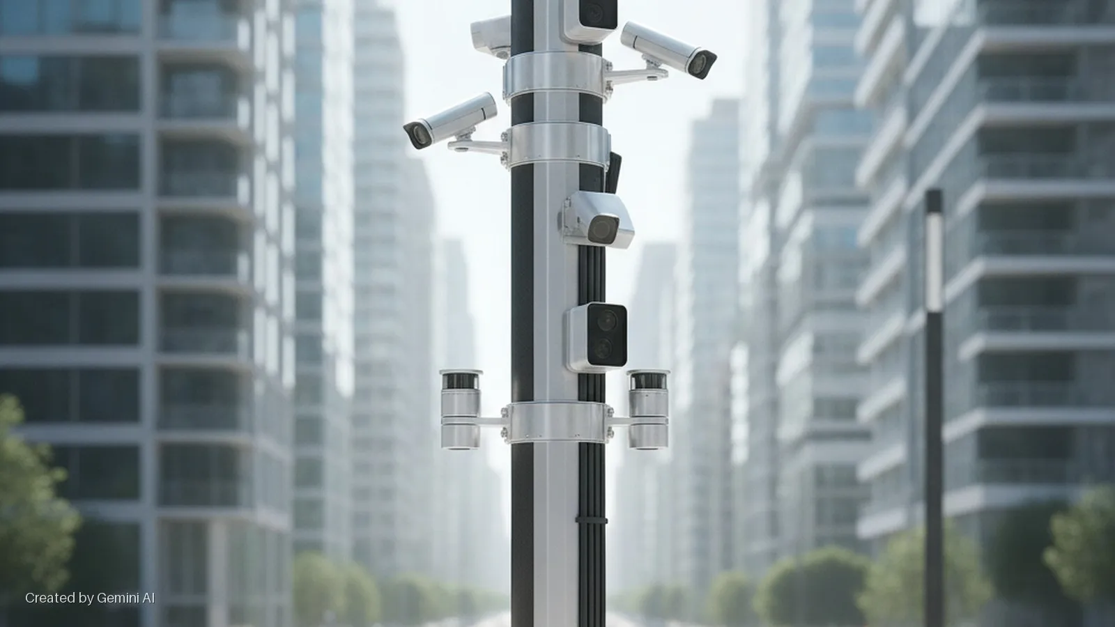 A tall street pole equipped with multiple surveillance cameras and sensors stands in the foreground, with blurred modern high-rise buildings and trees under bright, diffused daylight.