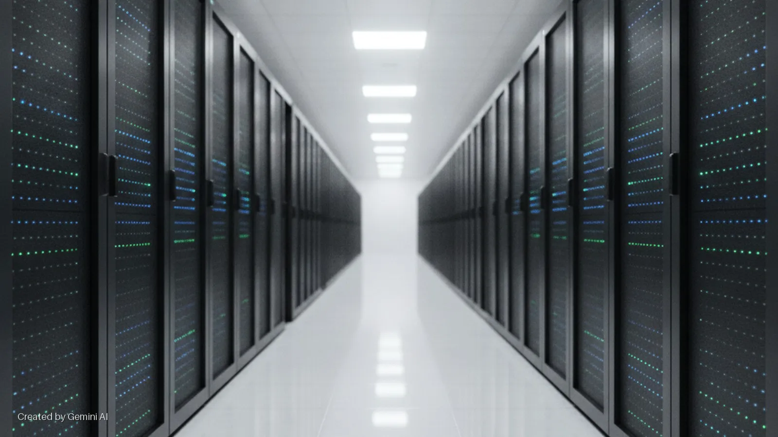A bright data center aisle features symmetrical rows of black server racks displaying numerous blue and green indicator lights, illuminated by white overhead panel lights.