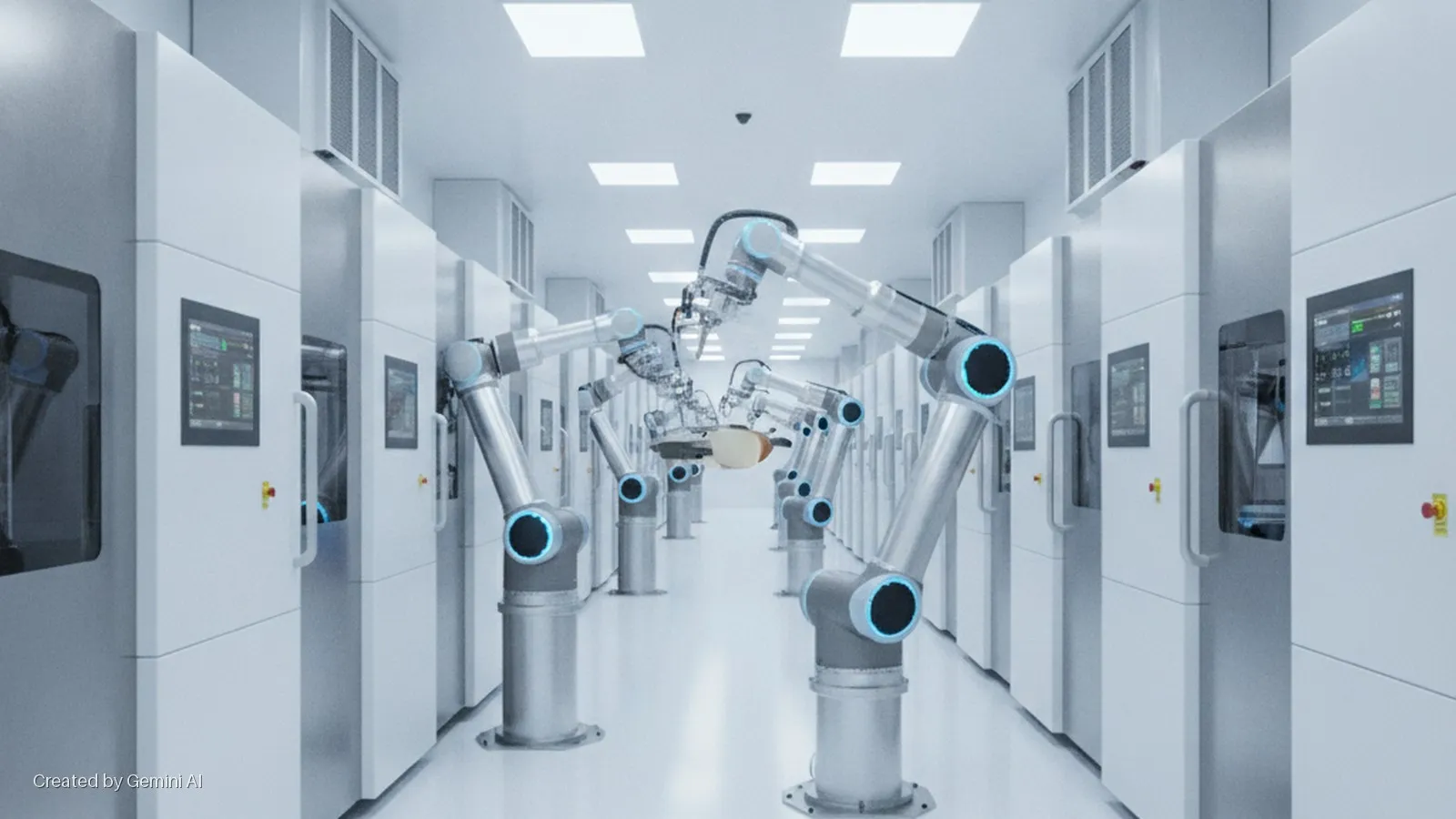 A brightly lit cleanroom aisle features multiple robotic arms manipulating a small processing unit, flanked by rows of white automated machines with digital screens and overhead square lights.