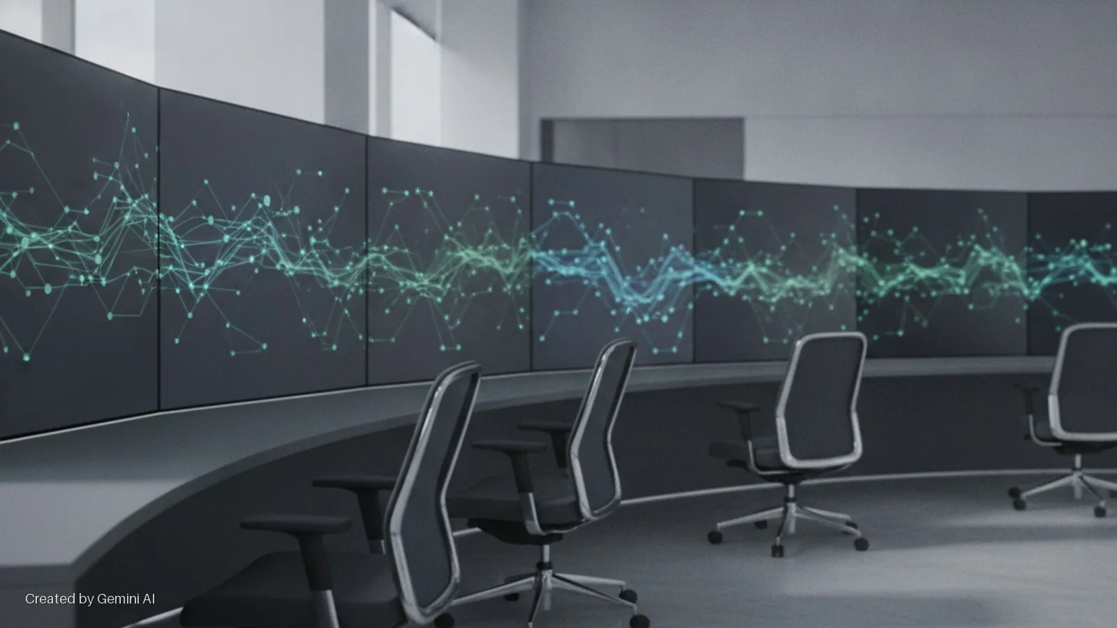 Brightly lit modern control room with a curved console facing multiple large screens displaying abstract green and blue network data patterns, and several empty ergonomic office chairs.