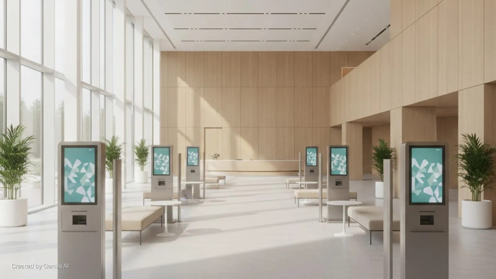 A bright, modern lobby features several self-service kiosks, benches, and potted plants, with large windows providing natural light onto wooden walls and a distant reception desk.