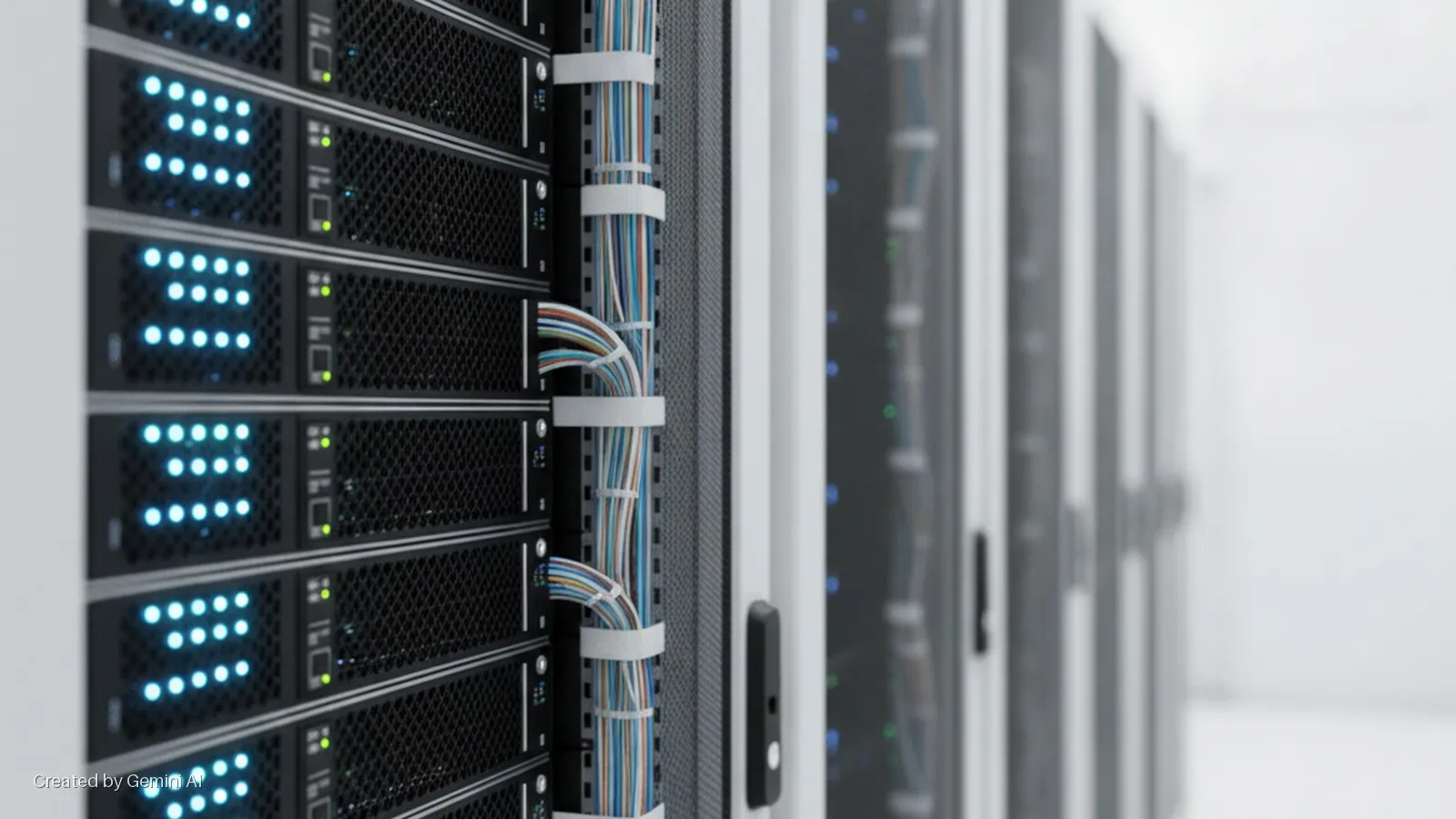 A row of black server racks with glowing blue and green indicator lights and neatly bundled multicolored cables extends into the brightly lit background of a data center.