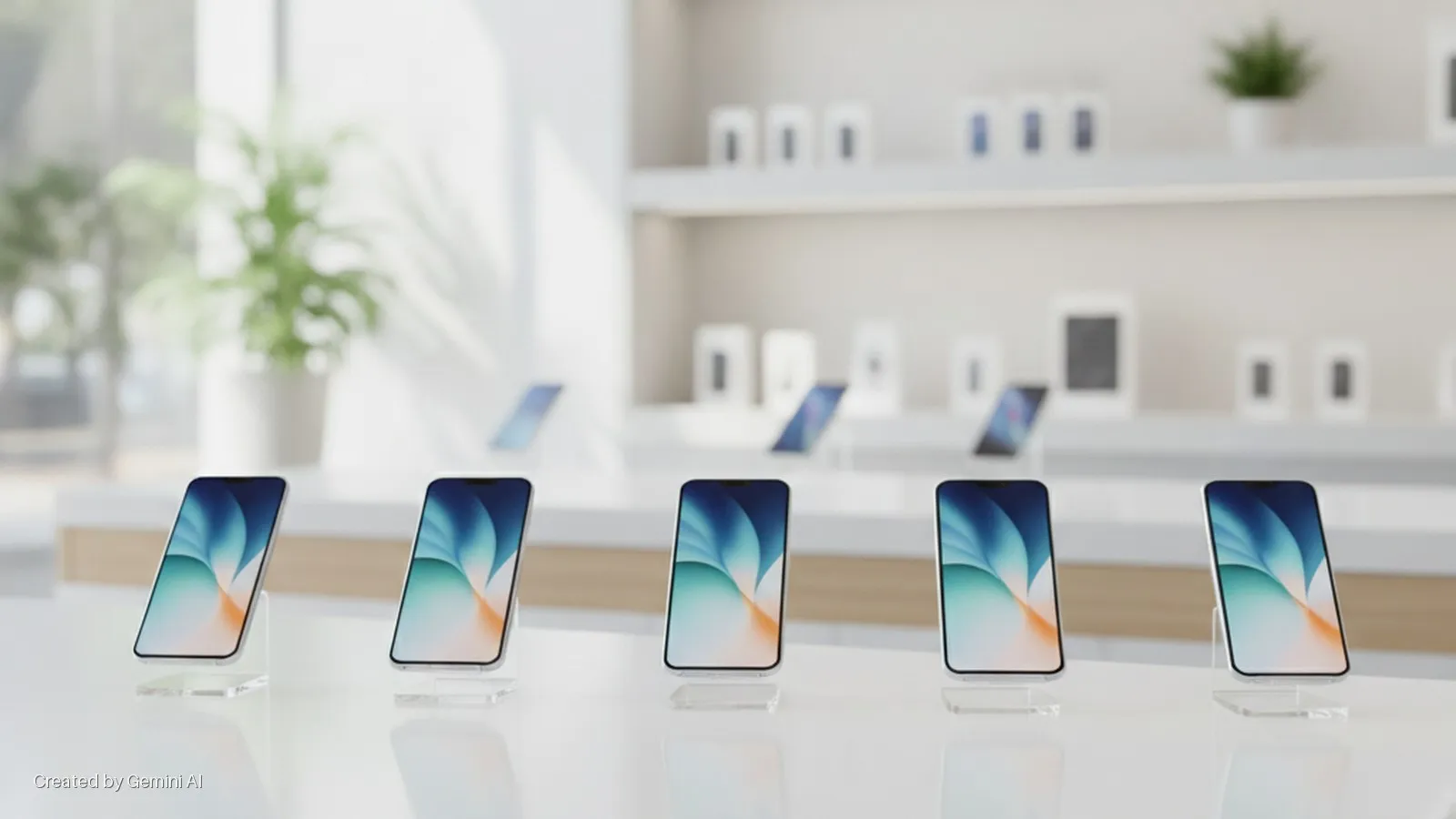 Five identical smartphones on clear display stands are arranged on a white counter in a brightly lit tech showroom, with blurred shelves of products and plants in the background.