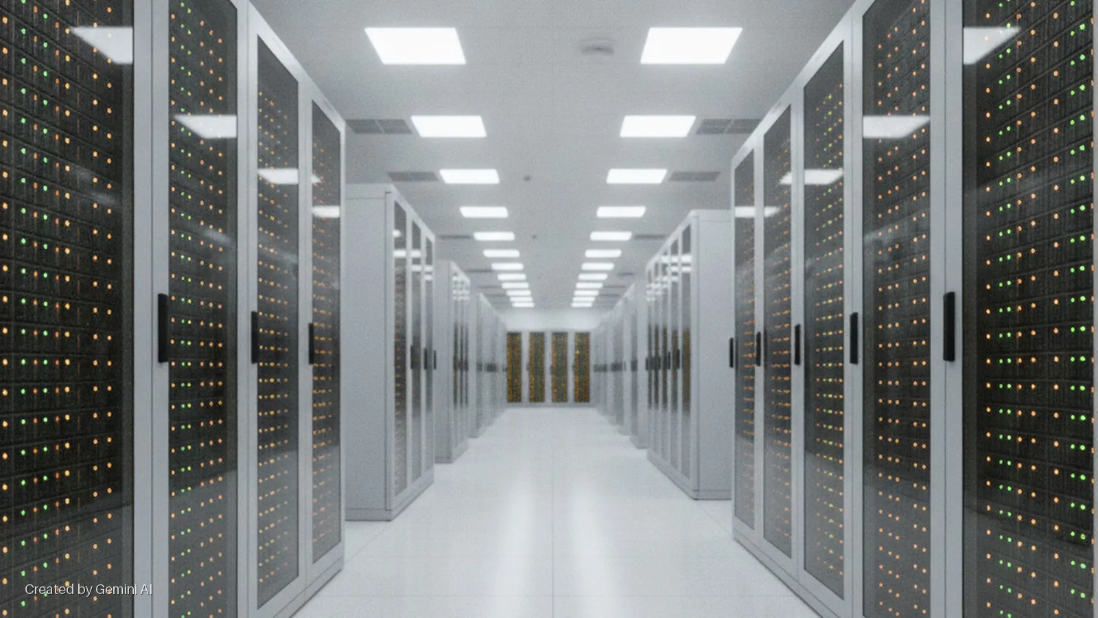 A long corridor in a modern data center is lined with server racks displaying blinking orange and green LED indicators, brightly lit by square overhead fluorescent lights.