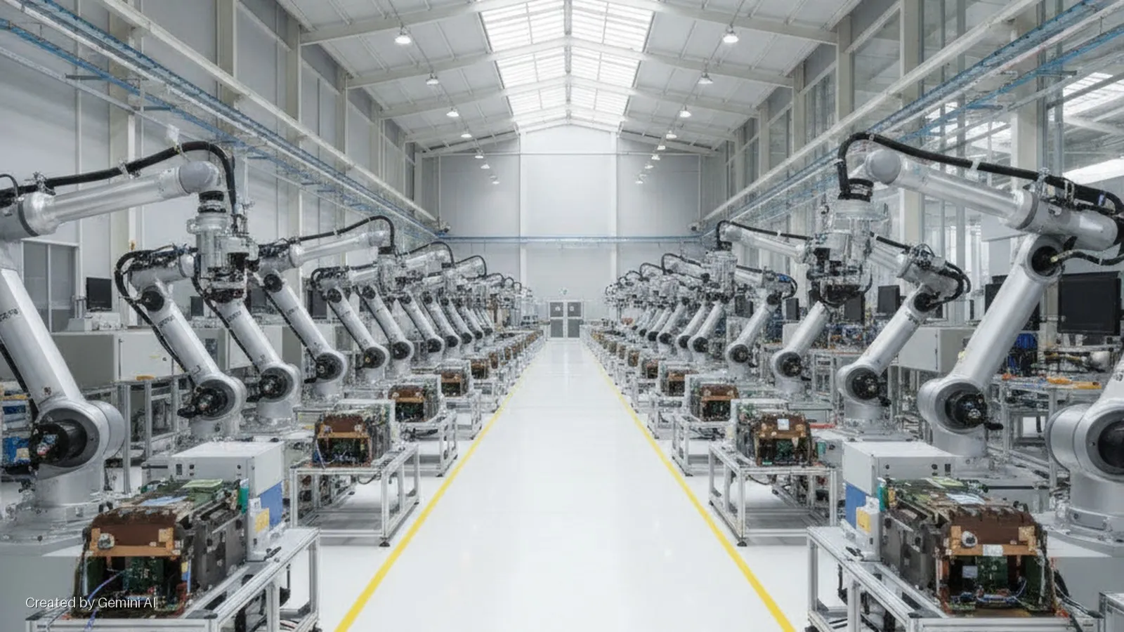 A brightly lit, clean factory floor features two symmetrical rows of industrial robotic arms positioned over open electronic machinery, leading down a central aisle towards a distant wall with double doors.