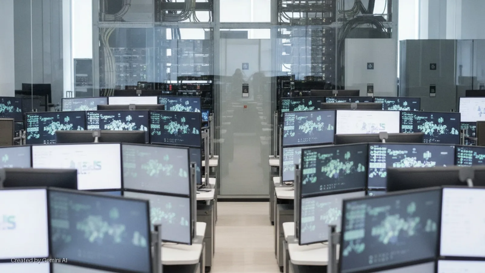 A brightly lit control room features numerous computer monitors displaying various data, arranged in rows along a central aisle flanked by glass-encased server racks.