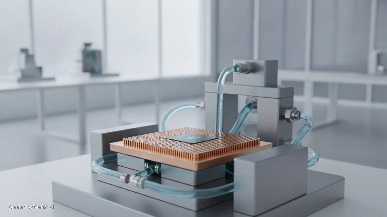 A liquid-cooled CPU sits on a large copper heatsink with transparent tubes carrying blue fluid, all placed on a gray platform in a brightly lit, sterile laboratory.