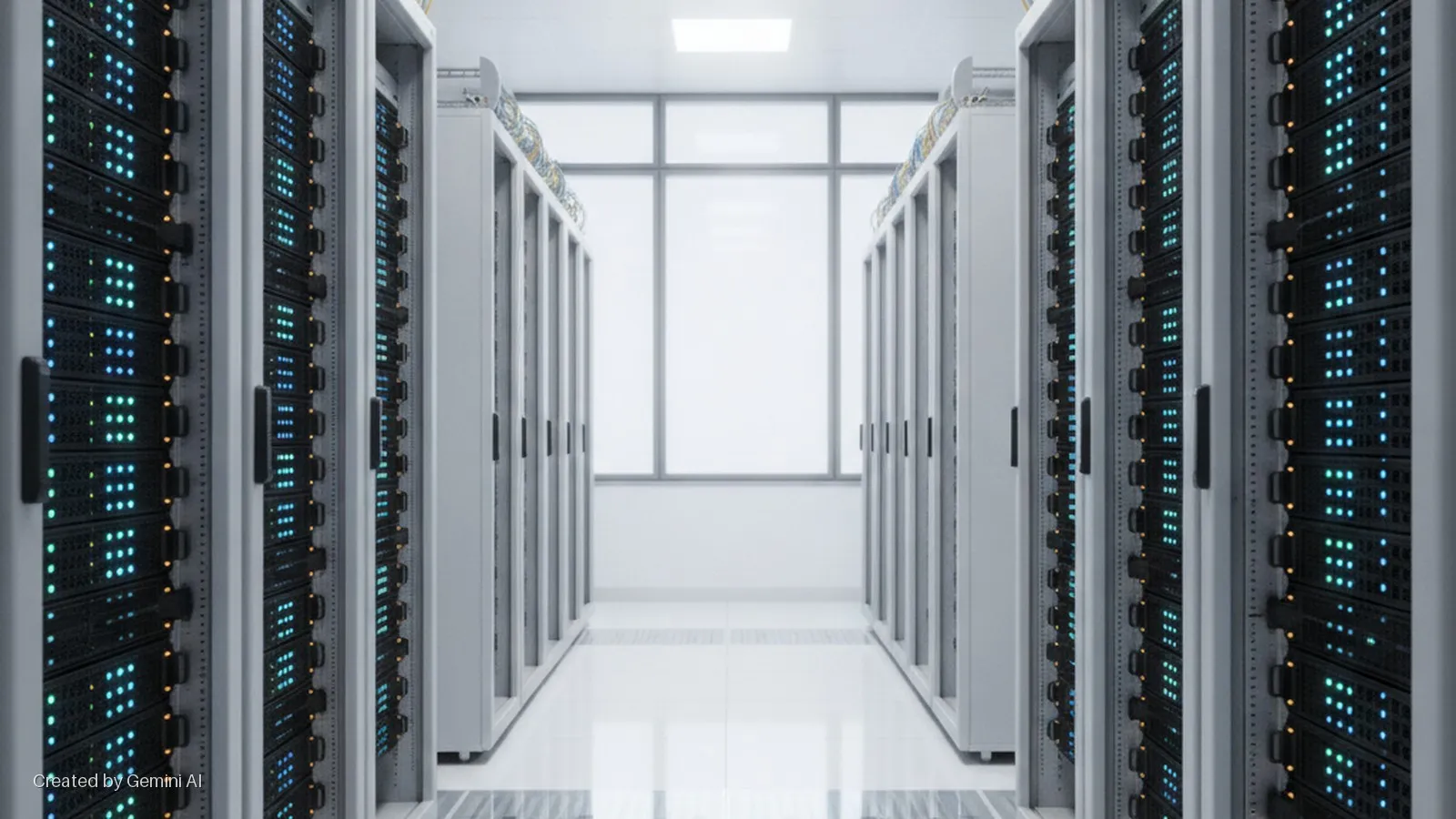 Rows of server racks with blue and green indicator lights line a bright white data center aisle, terminating at large windows.