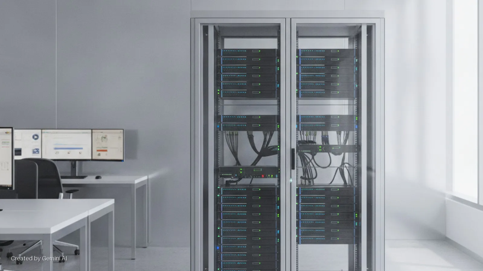 Brightly lit server racks filled with active equipment and visible cables stand in a modern office setting alongside multiple computer monitors on white desks.