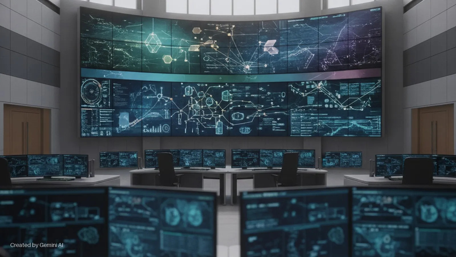 A brightly lit command center features a large curved multi-screen video wall displaying intricate network diagrams and data, fronted by rows of desks each with multiple computer monitors and office chairs.