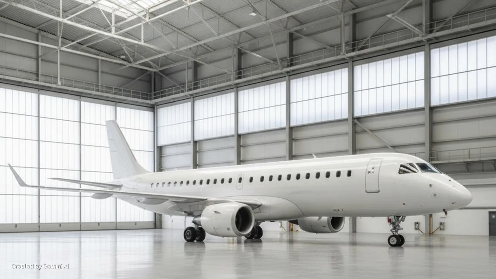 A white private jet is parked on a reflective floor inside a brightly lit hangar with translucent wall panels.