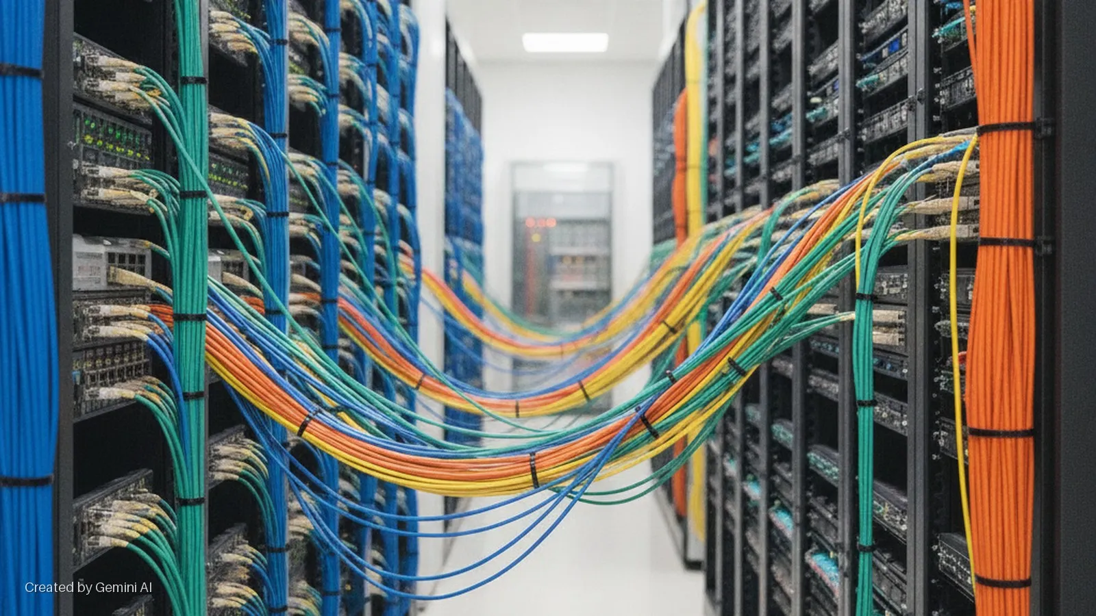 Brightly lit data center showing orderly rows of server racks connected by cascading bundles of colorful blue, green, yellow, and orange network cables.