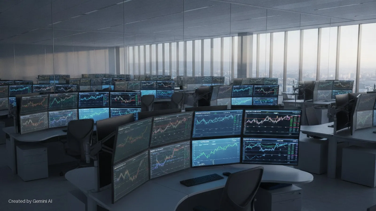 A large, modern trading office features rows of desks, each with multiple computer monitors displaying financial charts, illuminated by natural light from a wall of windows and the screens' glow.