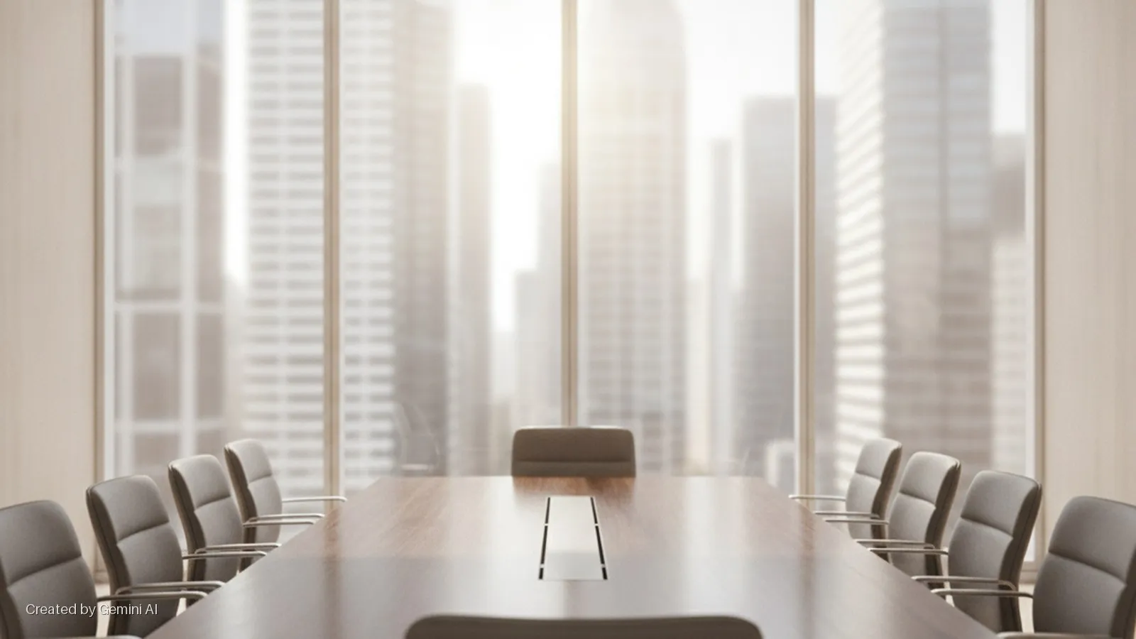 A modern conference room features a long wooden table surrounded by grey chairs, with bright natural light streaming through large windows overlooking a blurred city skyline.