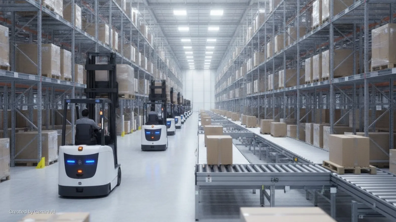 A brightly lit modern warehouse aisle features a line of forklifts, the first operated by a driver, on one side, and conveyor belts transporting cardboard boxes on the other, all between tall shelving units packed with packages.