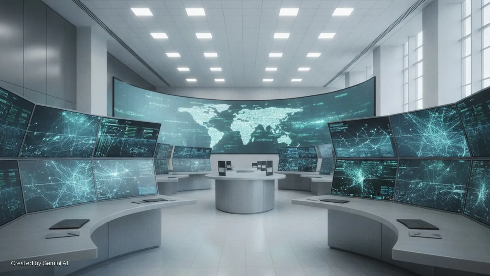 A brightly lit modern control room features rows of multi-panel monitors displaying digital data, a large curved screen showing a world map, and several curved desks surrounding a central table.