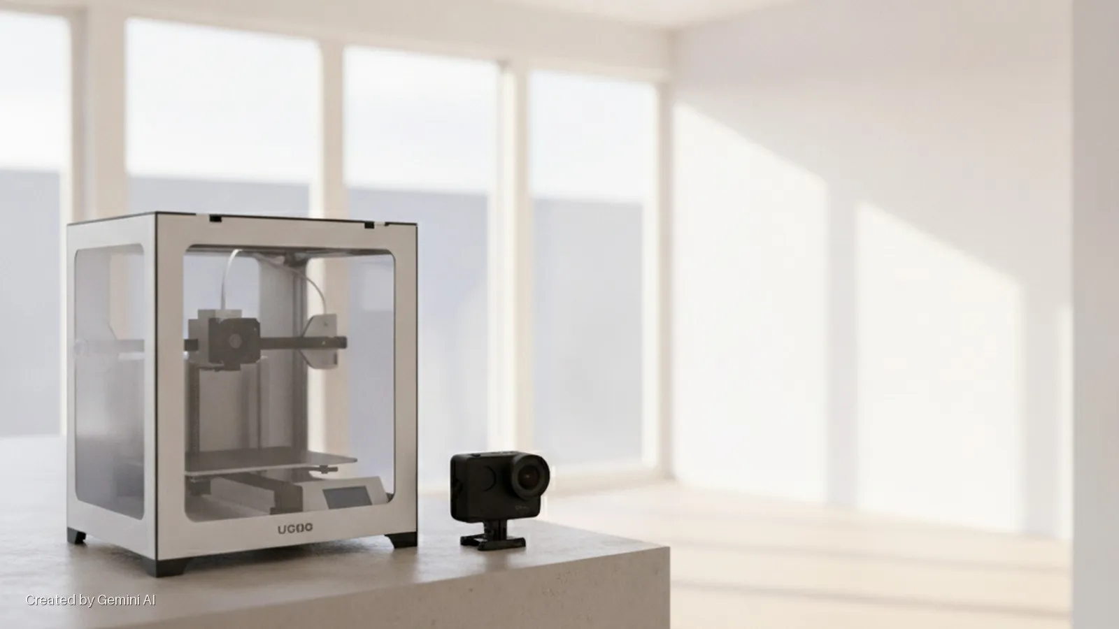 A UGOO 3D printer with clear panels and a black action camera on a stand sit on a concrete surface indoors, brightly lit by natural light from large windows.