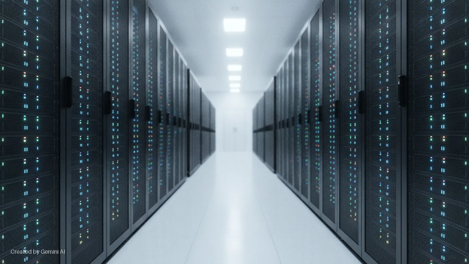 A bright, sterile data center hallway is lined on both sides with rows of server racks displaying glowing indicator lights, extending into the distance toward a door under square overhead lights.