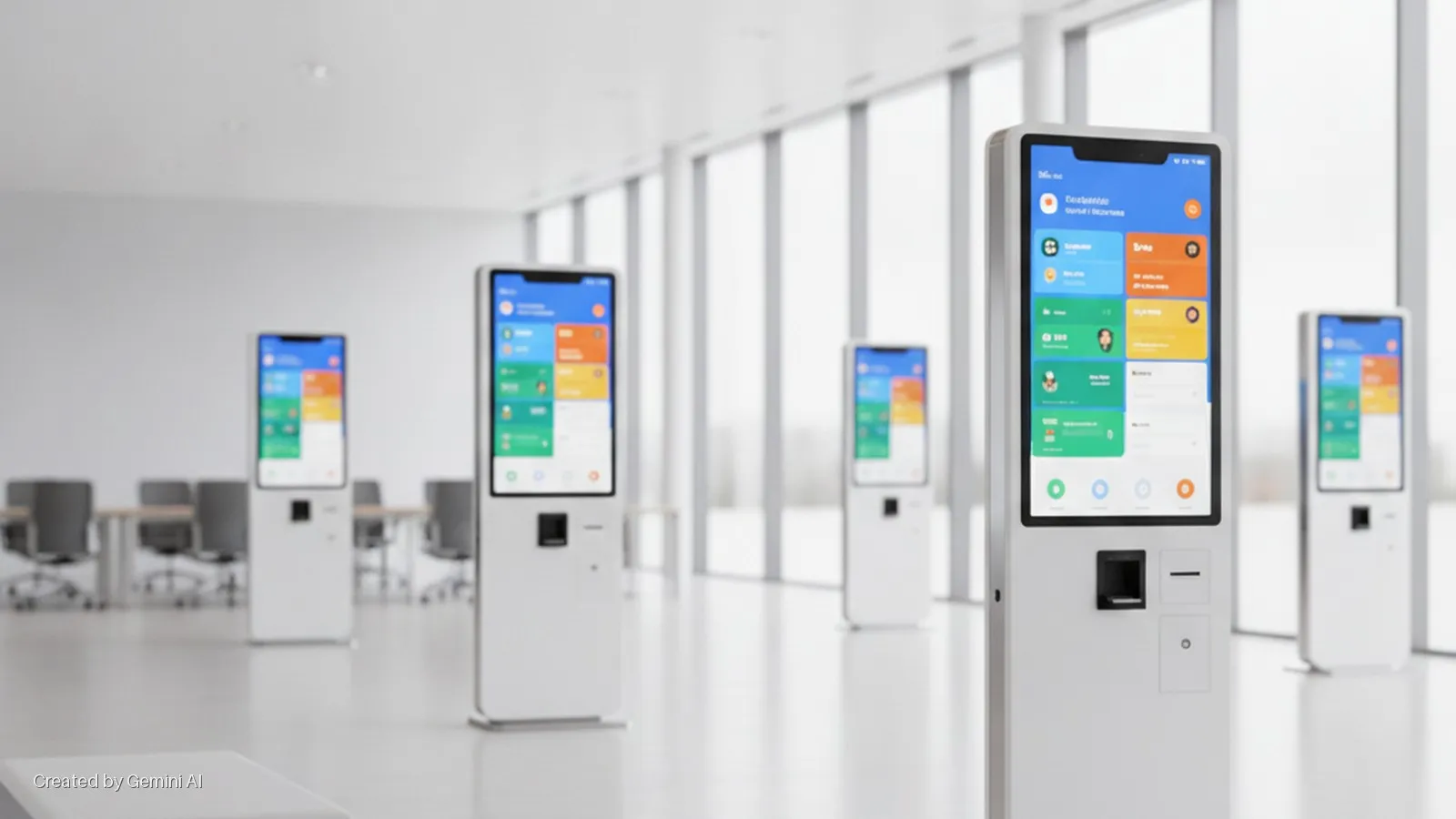 Several white self-service kiosks with colorful digital screens are positioned in a bright, modern office space with large windows and a blurred conference room in the background.