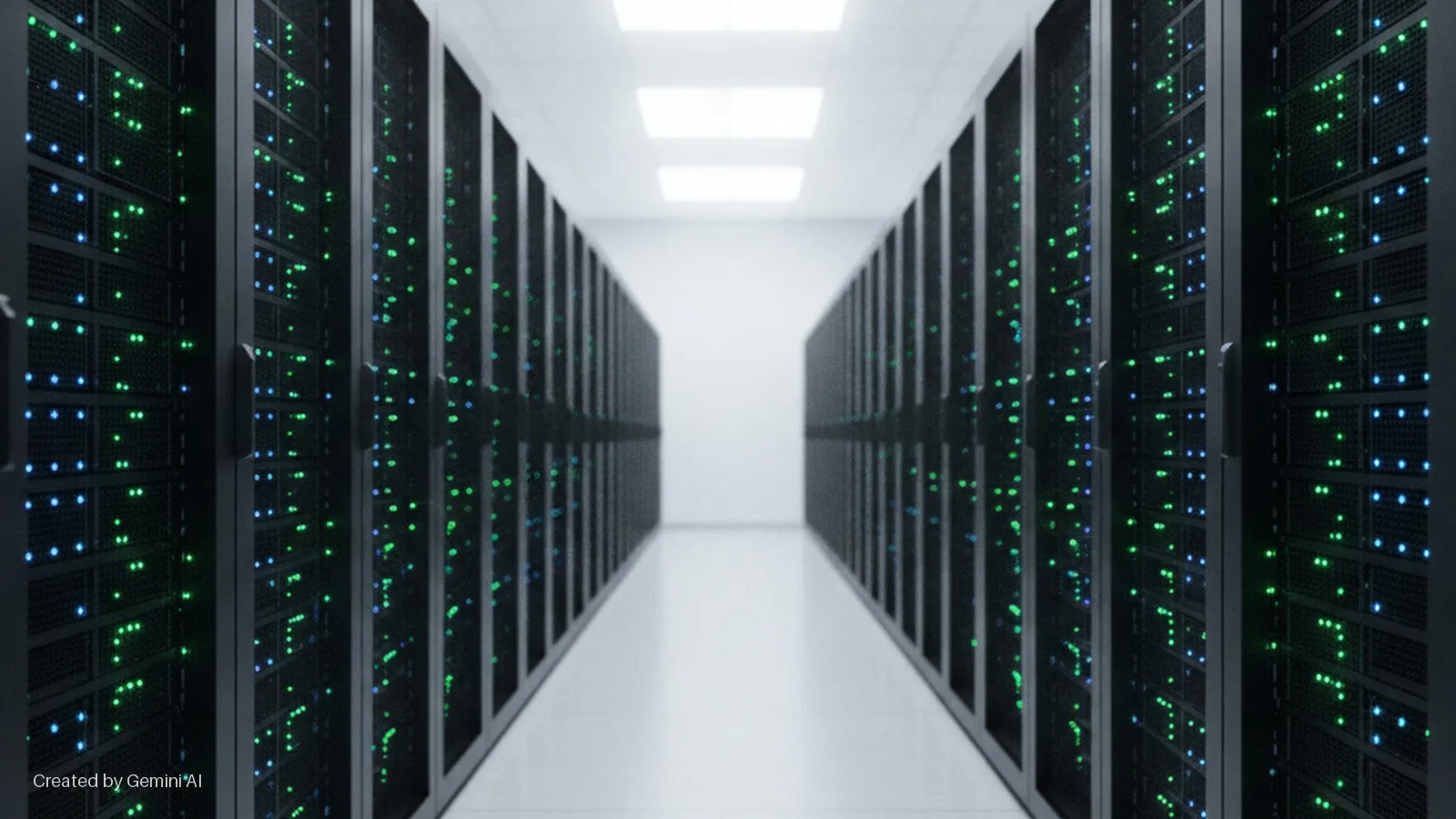 A long, white data center hallway with bright overhead lighting is flanked by black server racks displaying an array of active green and blue indicator lights.