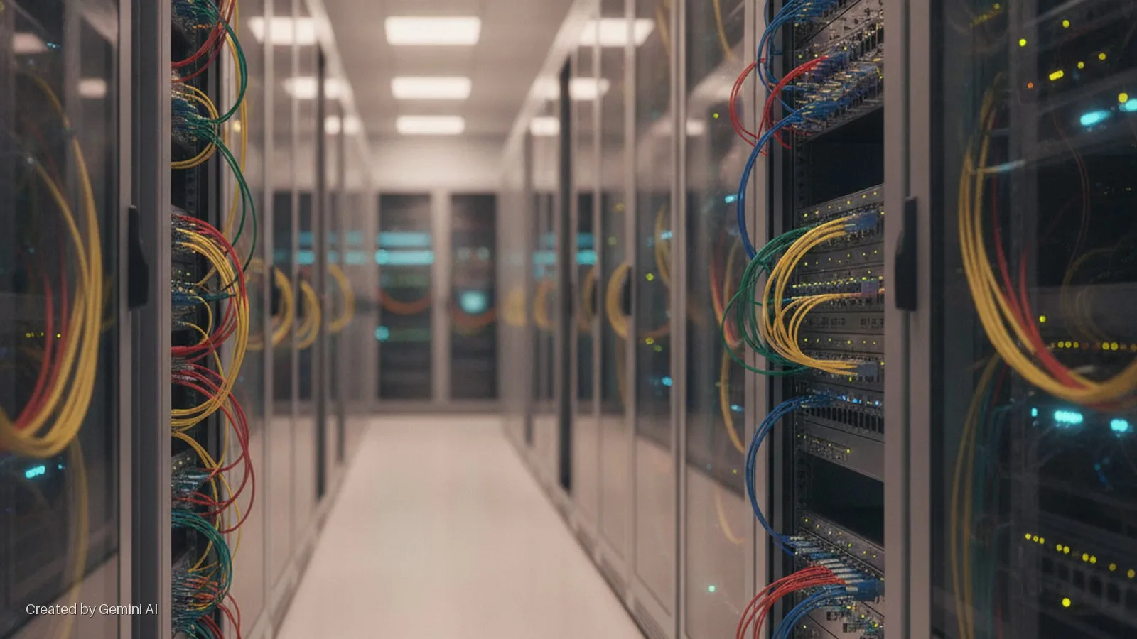 A bright data center aisle extends into the distance, lined with server racks displaying colorful red, yellow, green, and blue network cables and glowing internal equipment lights.